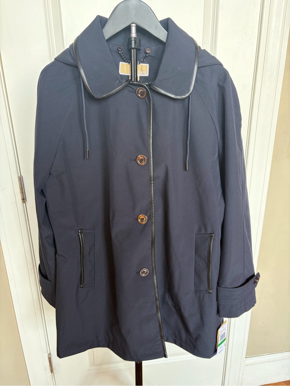 Michael Kors Navy Hooded Trench Coat with Leather Trim